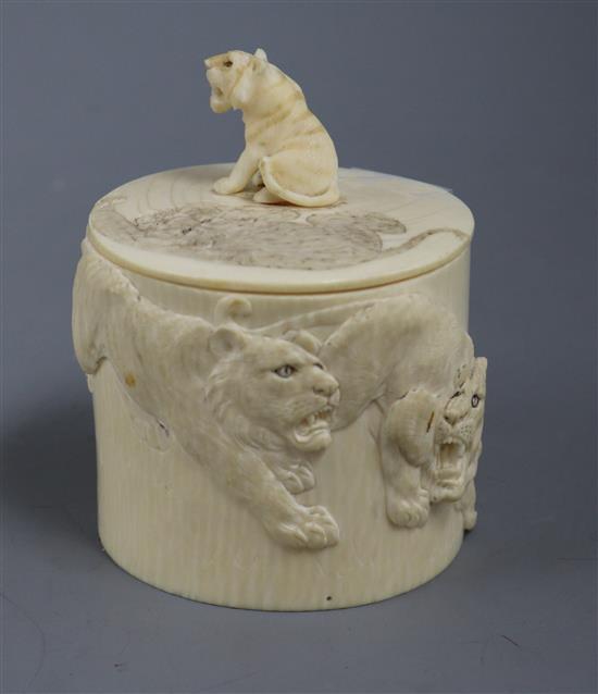 A Japanese Meiji ivory tusk box and cover, H approx 10cm (overall)